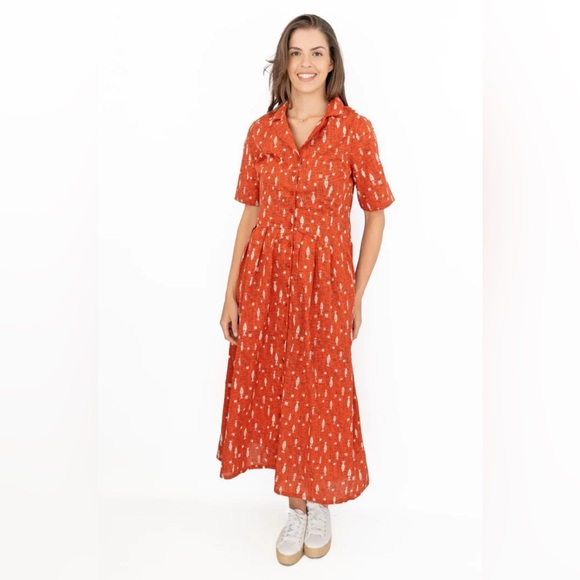 SEASALT CHARLOTTE ORANGE FISH SHORT SLEEVE MIDI FIT & FLARE DRESS size 6 - Picture 3 of 11